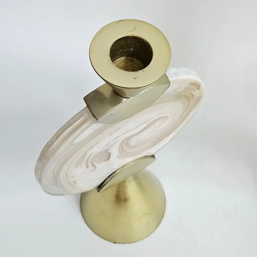 Anthropologie Francine Taper Candle Holder | Modern Blush Swirl Glass and Brass